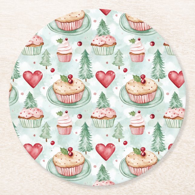 Porta-copo De Papel Redondo Doces de Natal Festivos (Frente)