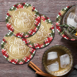 Porta-copo De Papel Redondo Dourada Xadrez de Natal Feliz<br><div class="desc">Feliz Natal em letras brancas em chic num esboço de folha de ouro falsa,  estas portas copos redondas apresentam um fundo de xadrez vermelha,  verde e branca de feriado e são personalizadas com o seu nome. Chapas,  guardanapos e mais na nossa loja.</div>