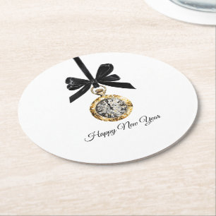 Porta-copo De Papel Redondo Dourado Glitzy Prata Ano Novo Hora da Meia-Noite