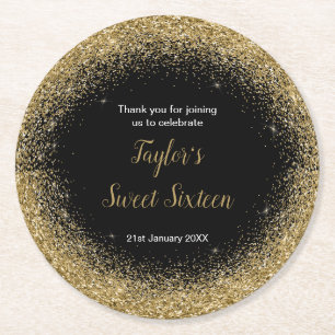 Porta-copo De Papel Redondo Dourado Vestido Faux Glitter Doce 16 Aniversário