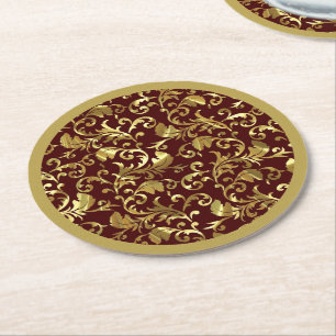 Porta-copo De Papel Redondo Dourado Vintage Damask Dark Brown