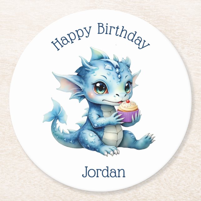 Porta-copo De Papel Redondo Dragão-bebê azul-bonito comendo um Cupcake (Frente)