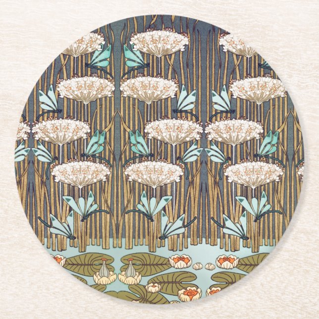 Porta-copo De Papel Redondo Dragões Água Lírios Marsh Art Nouveau (Frente)
