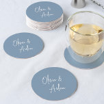 Porta-copo De Papel Redondo Dusty Blue | Casamento de Script Manuscrito Modern<br><div class="desc">Projetado para combinar com nossos convites de casamento de Script Manuscrito Moderno. Uma bela design baseada na tipografia,  com uma sensação minimalista,  com seus nomes em modernos escritos à mão. Pó: Azul empoeirado,  um azul médio acinzentado.</div>