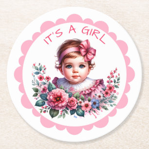 Porta-copo De Papel Redondo É uma garota   Chá de fraldas rosa Floral Vintage