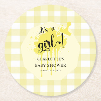 Porta-copo De Papel Redondo É uma menina Chuveiro de Bebê Xadrez Amarelo Paste