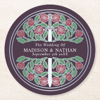 Porta-copo De Papel Redondo Eggplant Royal Medieval Silver Sword Wedding