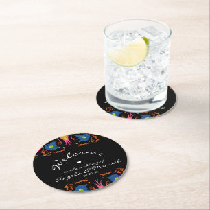 Porta-copo De Papel Redondo Elefante Indiano Floral Preto Casamento   