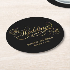 Porta-copo De Papel Redondo Elegant Black and Faux Gold Calligraphy Wedding
