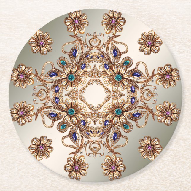 Porta-copo De Papel Redondo Elegant Gold Jewel Flowers Paper Coaster (Frente)