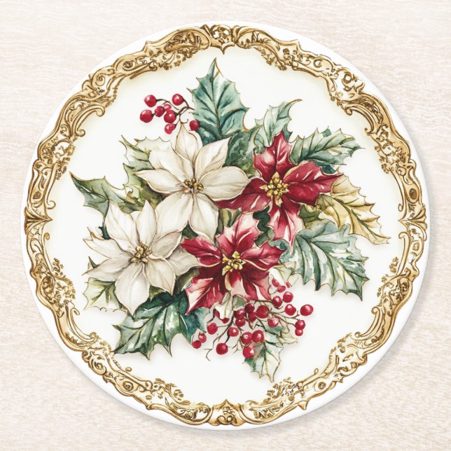 Porta-copo De Papel Redondo Elegant Rococo Floral Poinsettia Holiday Dining  (Frente)