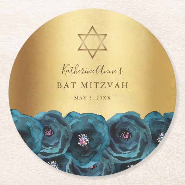 Porta-copo De Papel Redondo Elegant Teal Rose Floral Gold Bat Mitzvah (Frente)