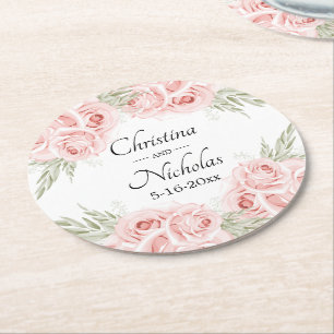 Porta-copo De Papel Redondo Elegante Aquarela Rosa Floral Casamento Redondo