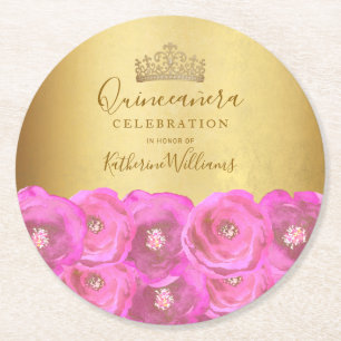 Porta-copo De Papel Redondo Elegante Coroa de Rosa Floral Rosa Dourada Quincea
