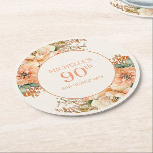 Porta-copo De Papel Redondo Elegante Creme Floral 90 Birthday