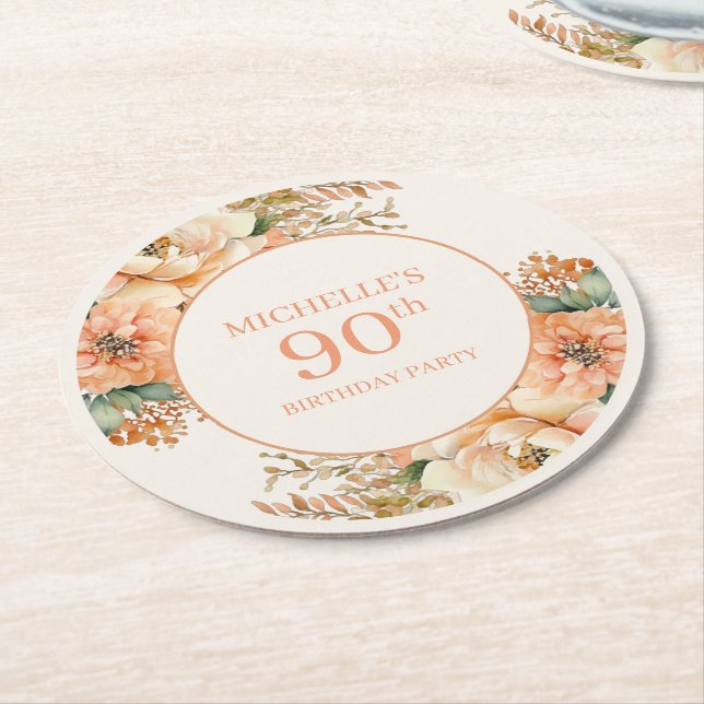 Porta-copo De Papel Redondo Elegante Creme Floral 90 Birthday (Angulado)