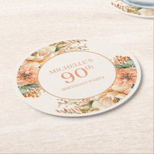 Porta-copo De Papel Redondo Elegante Flor de Creme Pêssego Aniversário de 90 a