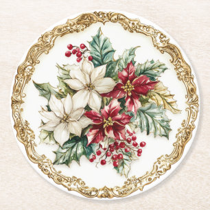 Porta-copo De Papel Redondo Elegante Poinsettia Floral Rococó para Jantar de F
