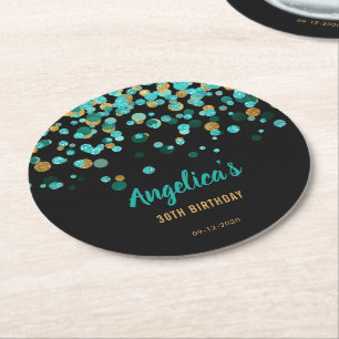 Porta-copo De Papel Redondo Elegante Teal Dourado Glitter Confetti Aniversário