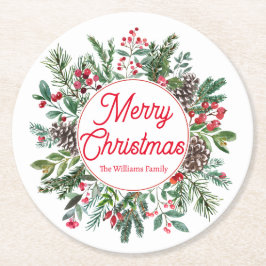 Porta-copo De Papel Redondo Elegante Vegetação de Inverno Feliz Natal Letra Ve
