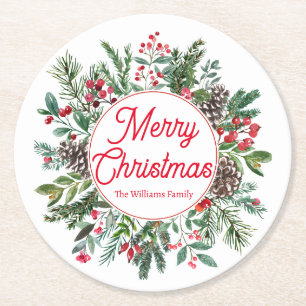 Porta-copo De Papel Redondo Elegante Vegetação de Inverno Feliz Natal Letra Ve