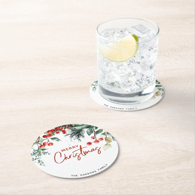 Porta-copo De Papel Redondo Elegante Winter Greenery Feliz Natal (Insitu)