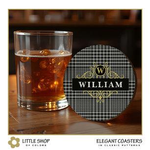 Porta-copo De Papel Redondo Elegante Xadrez Glen Preto Dourado Cinza Monograma