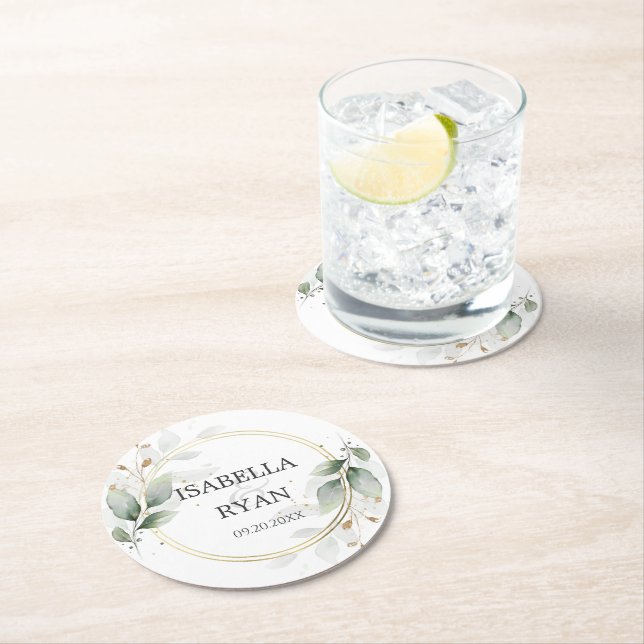 Porta-copo De Papel Redondo ELEGANTES Folhas de Verdura Dourado Casamento (Insitu)