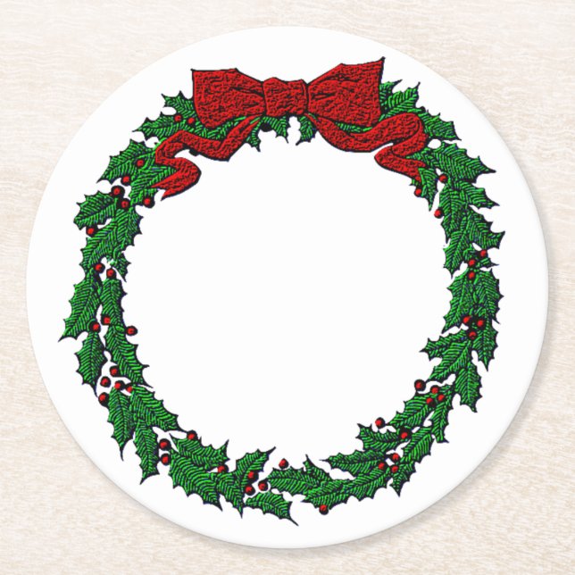 Porta-copo De Papel Redondo Embossed Look Holly Wreath (Frente)