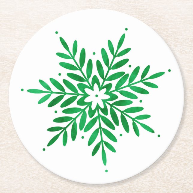 Porta-copo De Papel Redondo Emerald Watercolor Snowflake (Frente)