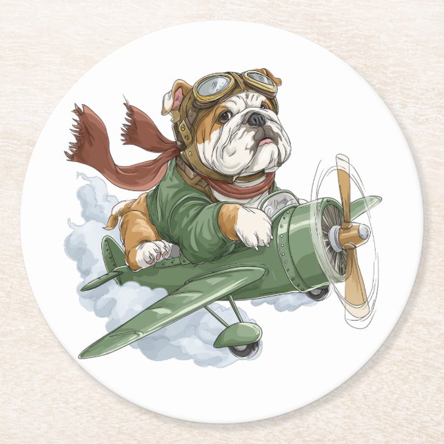 Porta-copo De Papel Redondo English Bulldog Pilot Airplane (Frente)