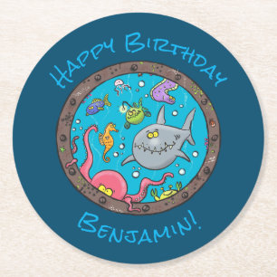 Porta-copo De Papel Redondo Engraçadas criaturas do mar felizes embaixo d'ág