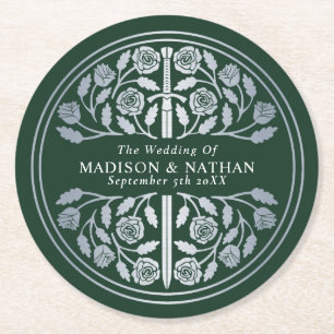 Porta-copo De Papel Redondo Espada Medieval Real Prateada Verde Casamento