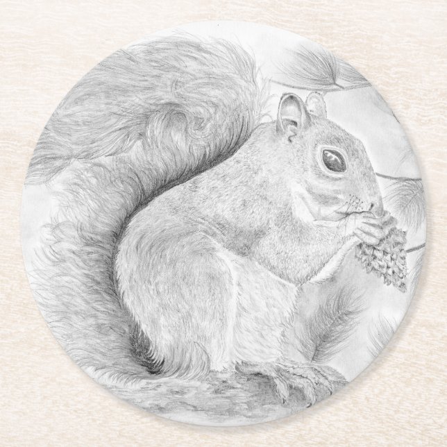 Porta-copo De Papel Redondo Esquilo Nibblando um Snack (Frente)