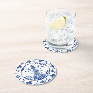 Porta-copo De Papel Redondo Estilo elegante de chinoiserie Flor Branca Azul