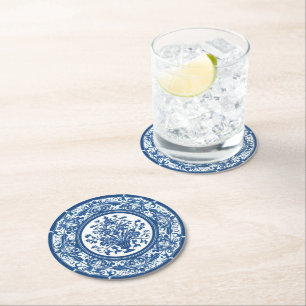 Porta-copo De Papel Redondo Estilo elegante de chinoiserie Flor Branca Azul