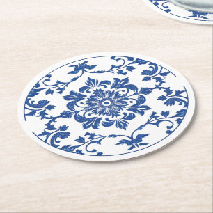 Porta-copo De Papel Redondo Estilo elegante de chinoiserie Flor Branca Azul