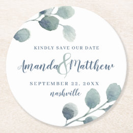 Porta-copo De Papel Redondo Eucalyptus Greenery Watercolor Foliage Dusty Blue