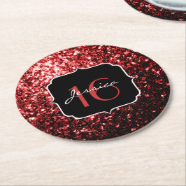 Porta-copo De Papel Redondo Faaux vermelho escuro brilha Glamor Sweet 16