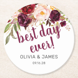 Porta-copo De Papel Redondo Favor de casamento Burgundy Floral Best Day Ever