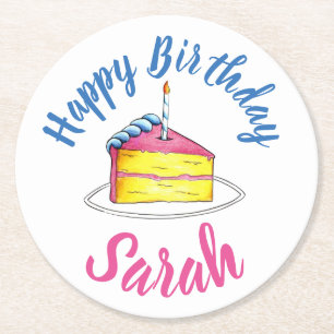 Porta-copo De Papel Redondo Feliz Aniversário do Partido da Vela do Bolo Rosa
