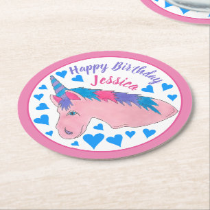 Porta-copo De Papel Redondo Feliz aniversário do Partido Mágico Rosa Unicórnio