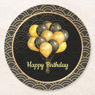 Porta-copo De Papel Redondo Feliz aniversário, elegante preto e ouro