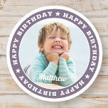 Porta-copo De Papel Redondo Feliz Aniversário Foto Personalizada Simples e Mod<br><div class="desc">Este design simples e moderno é composto por tipografia de serifa e adiciona uma foto personalizada.</div>