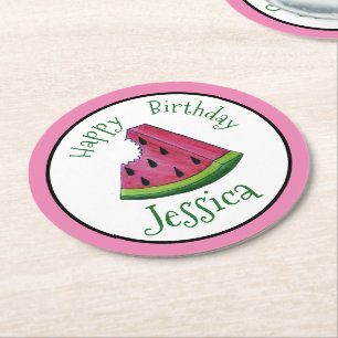 Porta-copo De Papel Redondo Feliz Aniversário Pink Watermelon Slice Fruta Picn