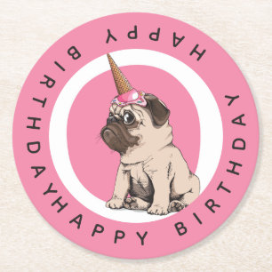 Porta-copo De Papel Redondo Feliz aniversario Pugicorn