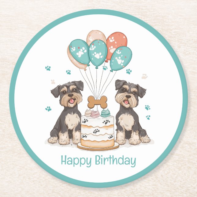 Porta-copo De Papel Redondo Feliz Aniversário Schnauzer Cães (Frente)