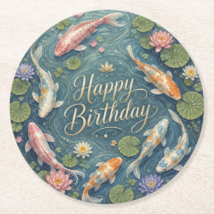 Porta-copo De Papel Redondo Feliz Aniversário Sereno Lago de Koi Lírio de Água