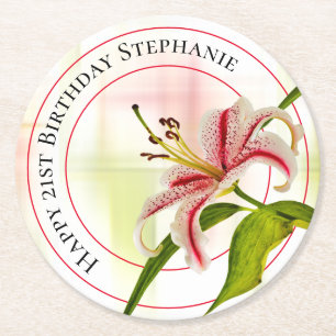 Porta-copo De Papel Redondo Feliz aniversário Stargazer Lily Floral Fotografi