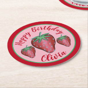 Porta-copo De Papel Redondo Feliz Aniversário Vermelho Cor-de-Rosa, Berries de